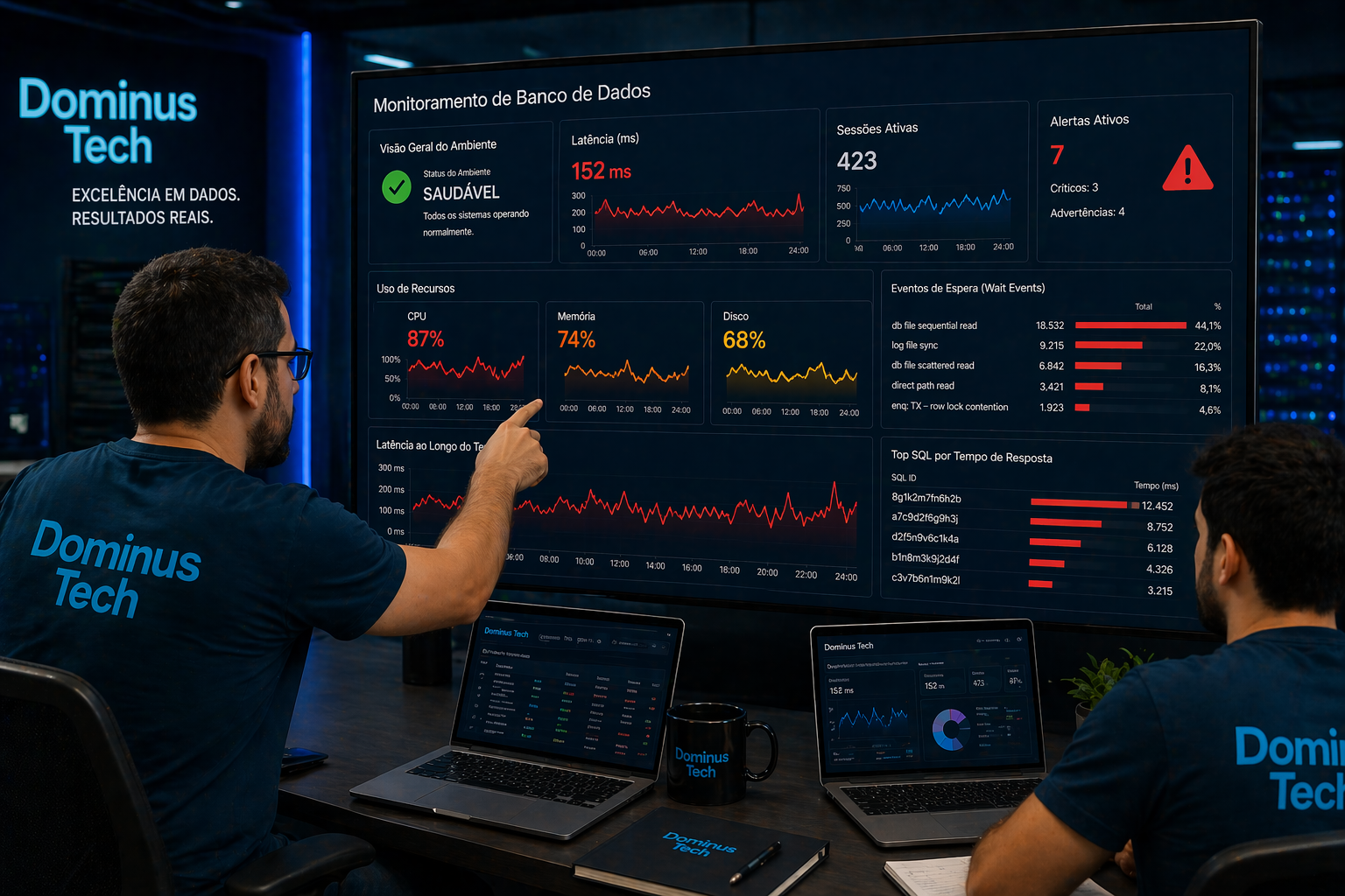 Especialistas da Dominus Tech analisando dashboards avançados de monitoramento de banco de dados com gráficos de latência, sessões ativas e alertas em tempo real