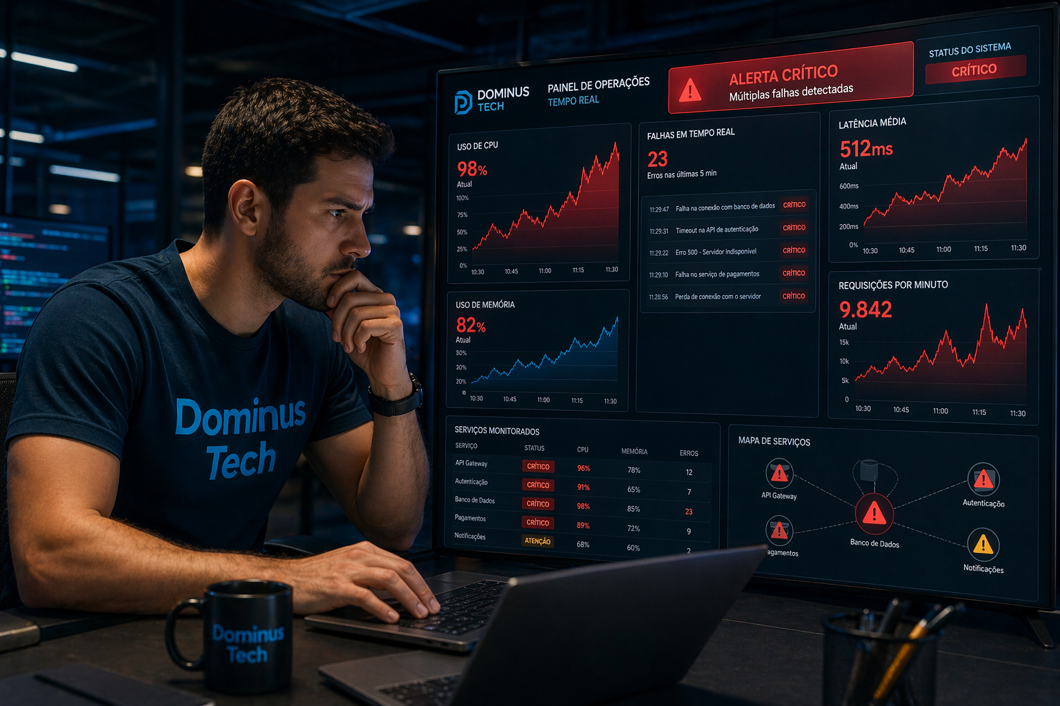 Profissional da Dominus Tech analisando painel com alertas críticos, gráficos de uso de CPU e falhas em tempo real em ambiente de monitoramento de TI.