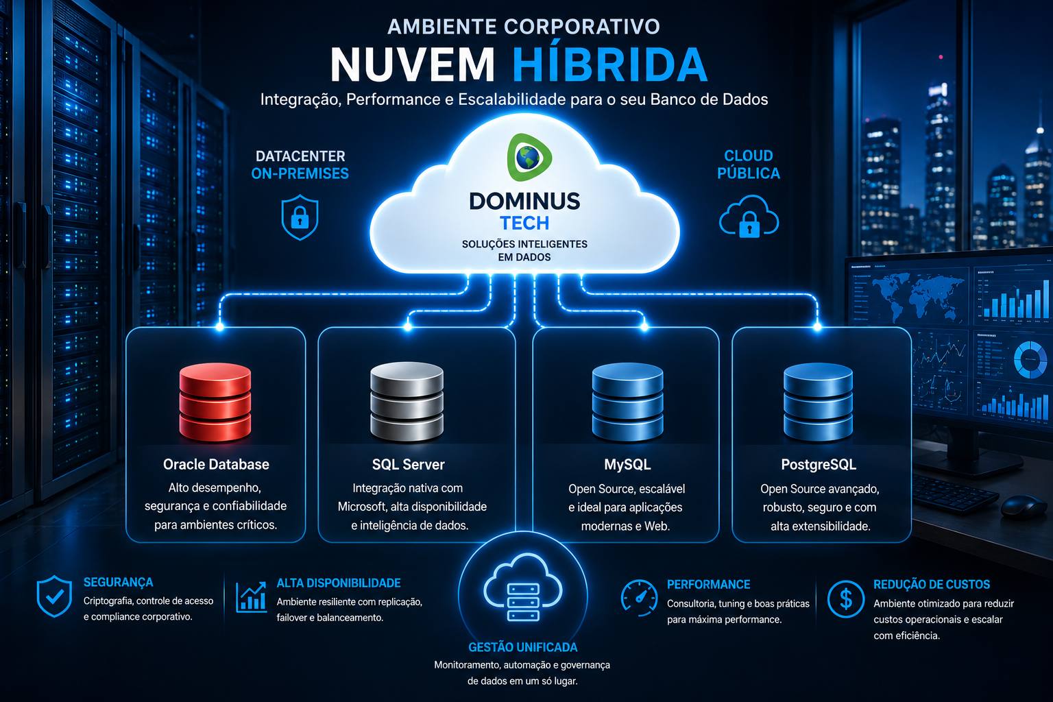 Consultoria de banco de dados da Dominus Tech com ambiente de nuvem híbrida, Oracle Database, SQL Server, MySQL e PostgreSQL em infraestrutura corporativa.