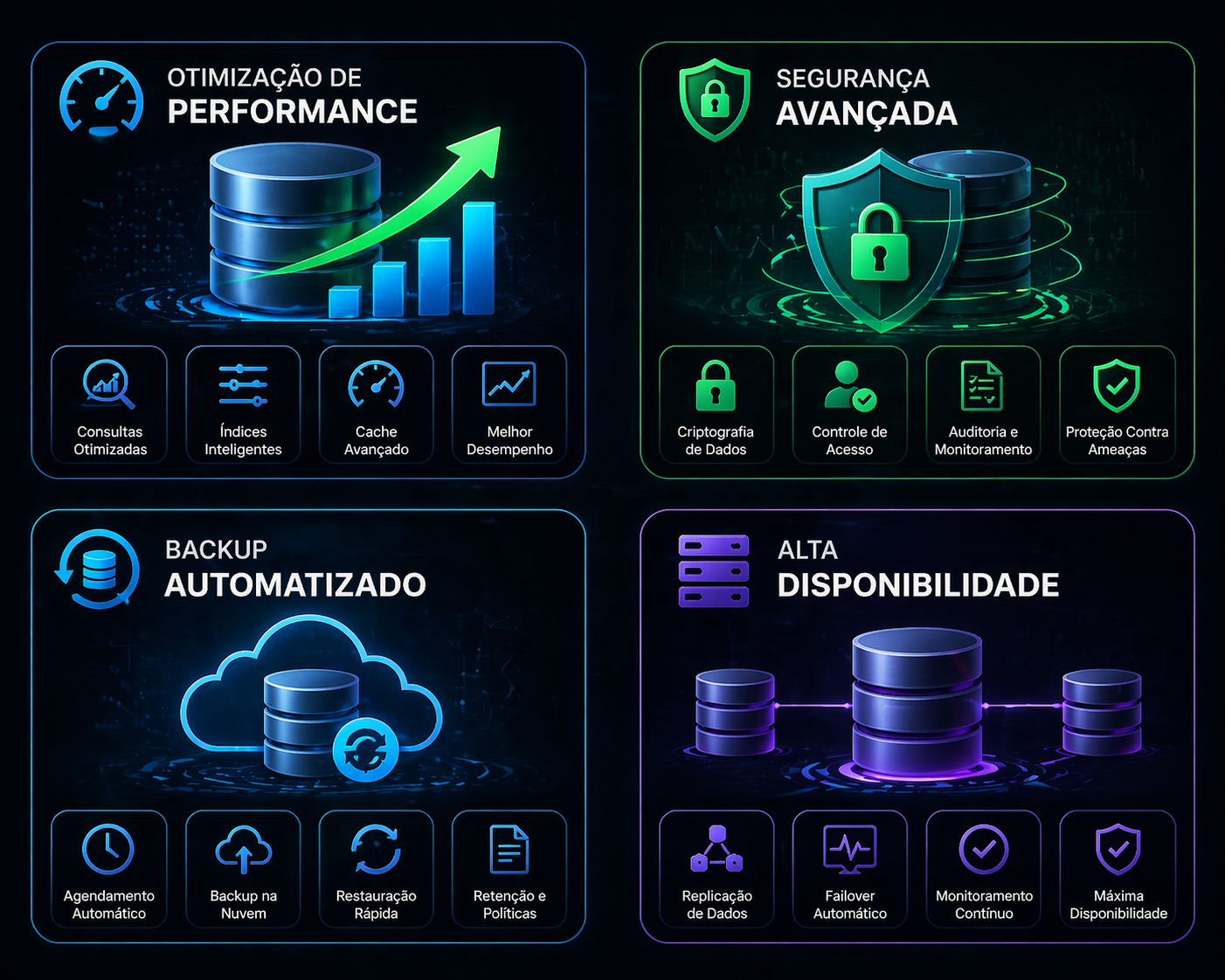 Ícones tecnológicos representando otimização de performance, segurança avançada, backup automatizado e alta disponibilidade em banco de dados.