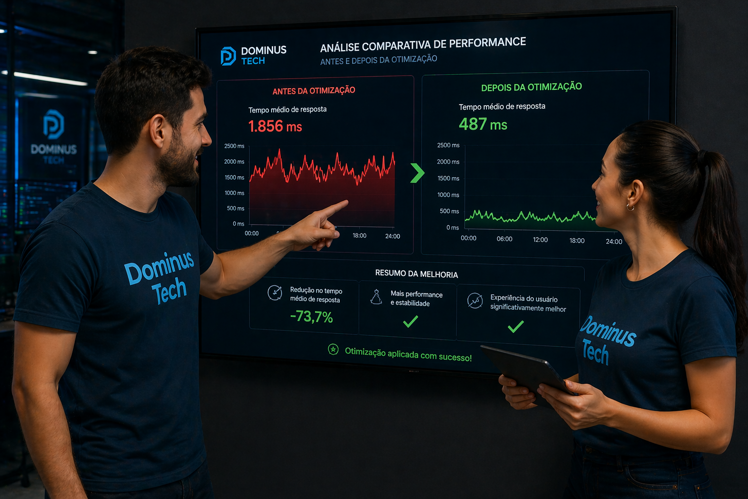 Dois profissionais da Dominus Tech analisando gráfico comparativo de performance com redução no tempo de resposta após otimização de sistemas.