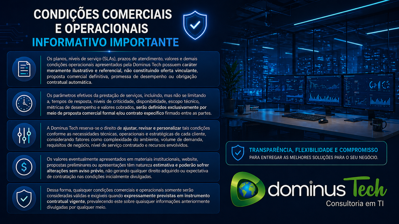 Profissional da Dominus Tech analisando painel com alertas críticos em vermelho no monitoramento de banco de dados com múltiplos indicadores fora do padrão