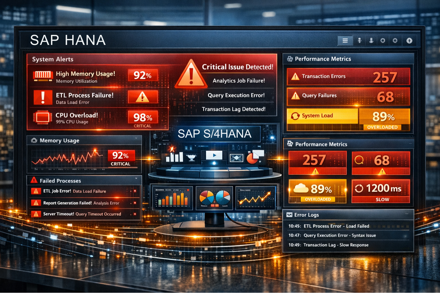 Painel de monitoramento SAP HANA em português com alertas de desempenho, uso elevado de memória e falhas em processos analíticos em tempo real.