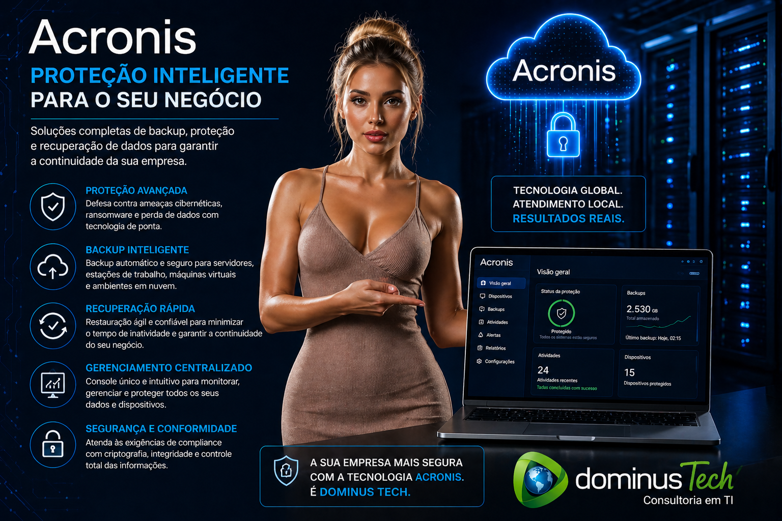 Apresentação de solução Acronis para segurança digital empresarial pela Dominus Tech com especialista em ambiente de data center