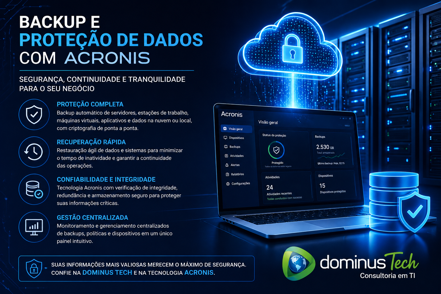 Segurança digital empresarial com backup e proteção de dados Acronis implementados pela Dominus Tech