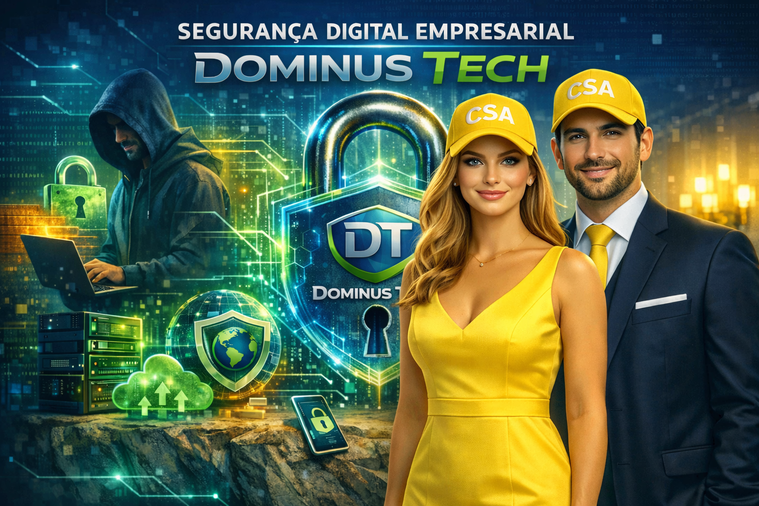 Representação visual da segurança digital empresarial da Dominus Tech, com profissionais da CSA e elementos tecnológicos que simbolizam proteção contra invasões e ciberataques.