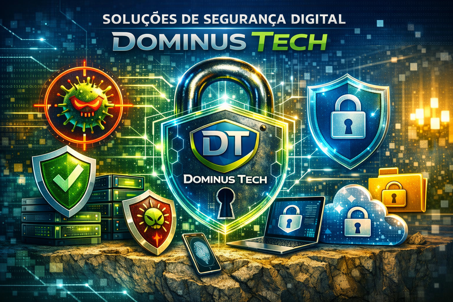 Representação visual da segurança digital empresarial da Dominus Tech, com profissionais da CSA e elementos tecnológicos que simbolizam proteção contra invasões e ciberataques.