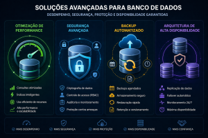 Infográfico de soluções avançadas para banco de dados com foco em performance, segurança, backup e alta disponibilidade