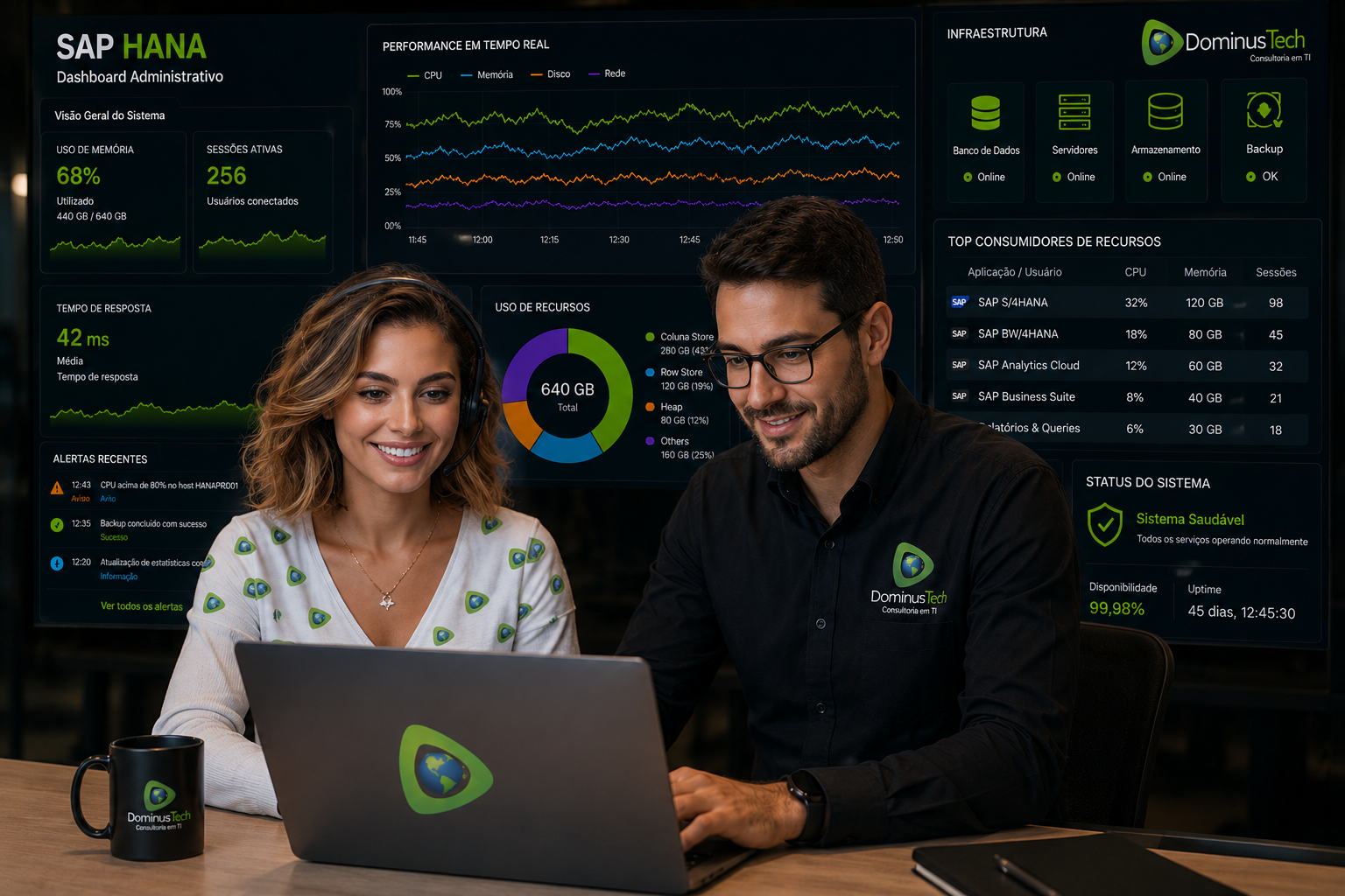 Profissional de tecnologia com headset monitorando ambiente SAP HANA empresarial em tempo real, com foco em alta disponibilidade e performance corporativa Dominus Tech.