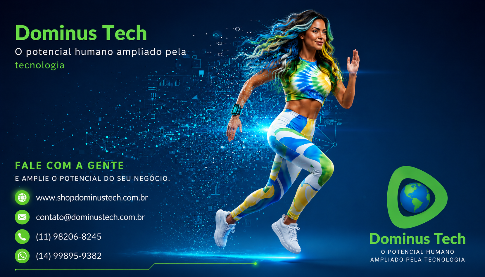 Mulher em movimento com roupa tecnológica nas cores da Dominus Tech representando inovação, transformação digital e potencial humano ampliado pela tecnologia.