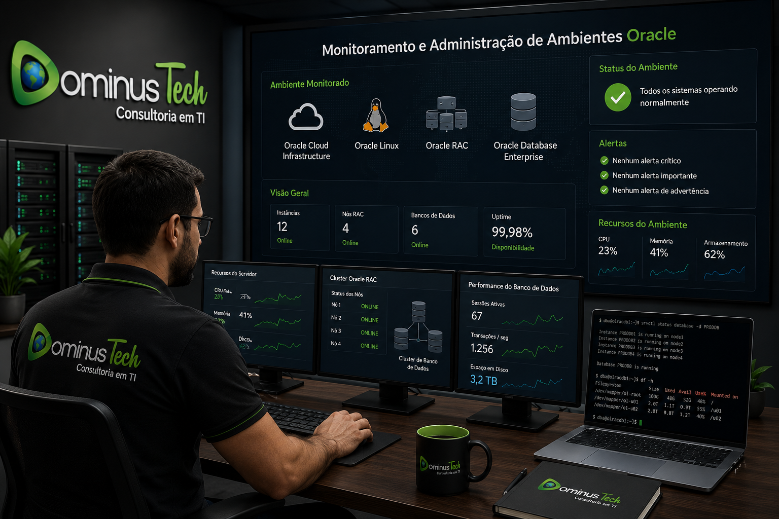 Administrador de banco de dados Oracle monitora ambiente corporativo com Oracle Cloud Infrastructure, Oracle Linux, Oracle RAC e Oracle Database Enterprise em central de operações da Dominus Tech, exibindo dashboards de desempenho, disponibilidade e monitoramento em tempo real.