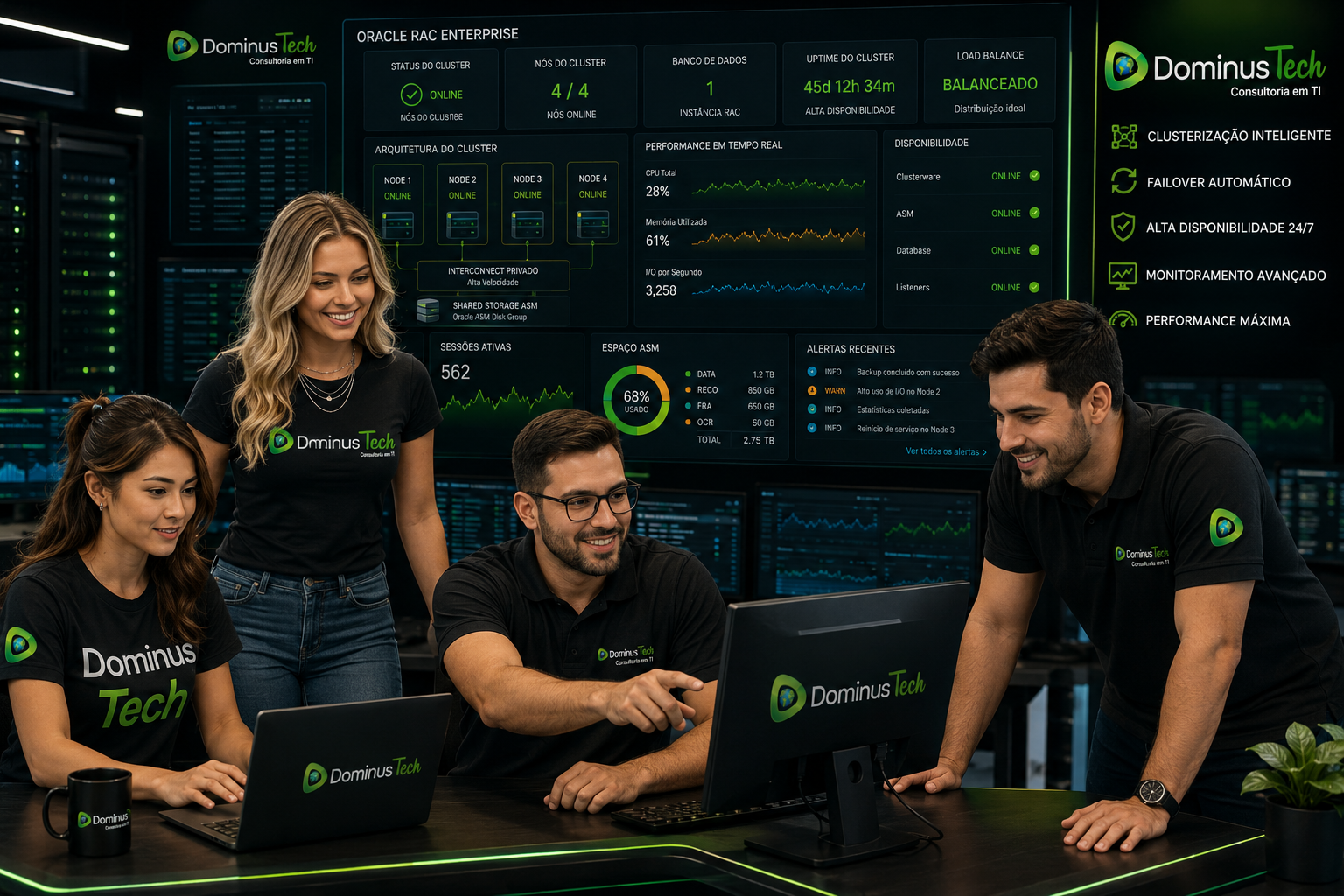 Equipe Dominus Tech monitorando Oracle RAC enterprise com clusterização, failover automático e dashboards avançados de infraestrutura Oracle crítica