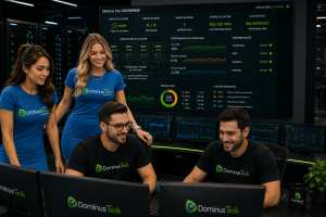 Equipe Dominus Tech monitorando Oracle RAC enterprise com dashboards de clusterização, failover automático e infraestrutura Oracle corporativa