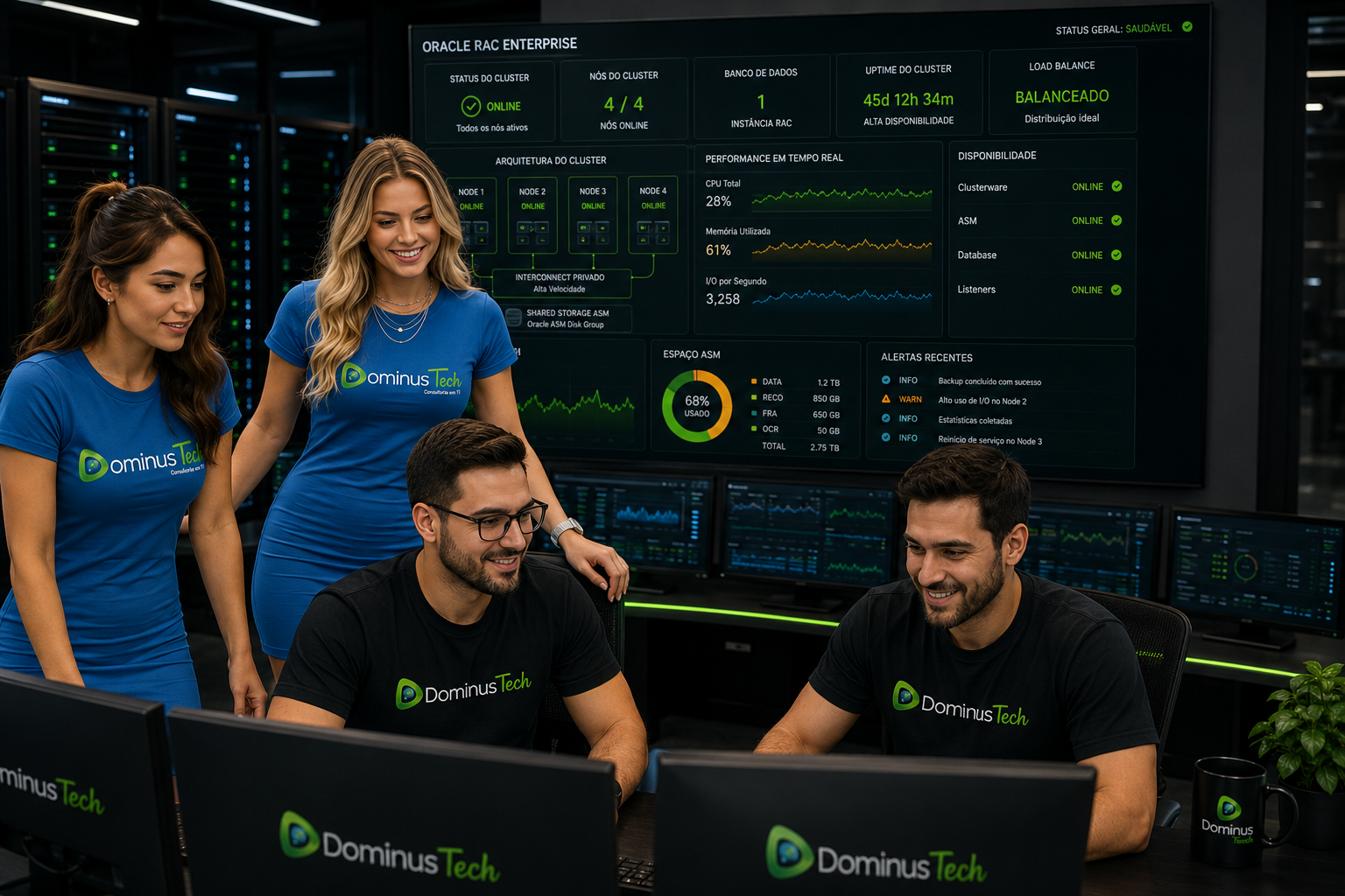 Equipe Dominus Tech monitorando Oracle RAC enterprise com dashboards de clusterização, failover automático e infraestrutura Oracle corporativa