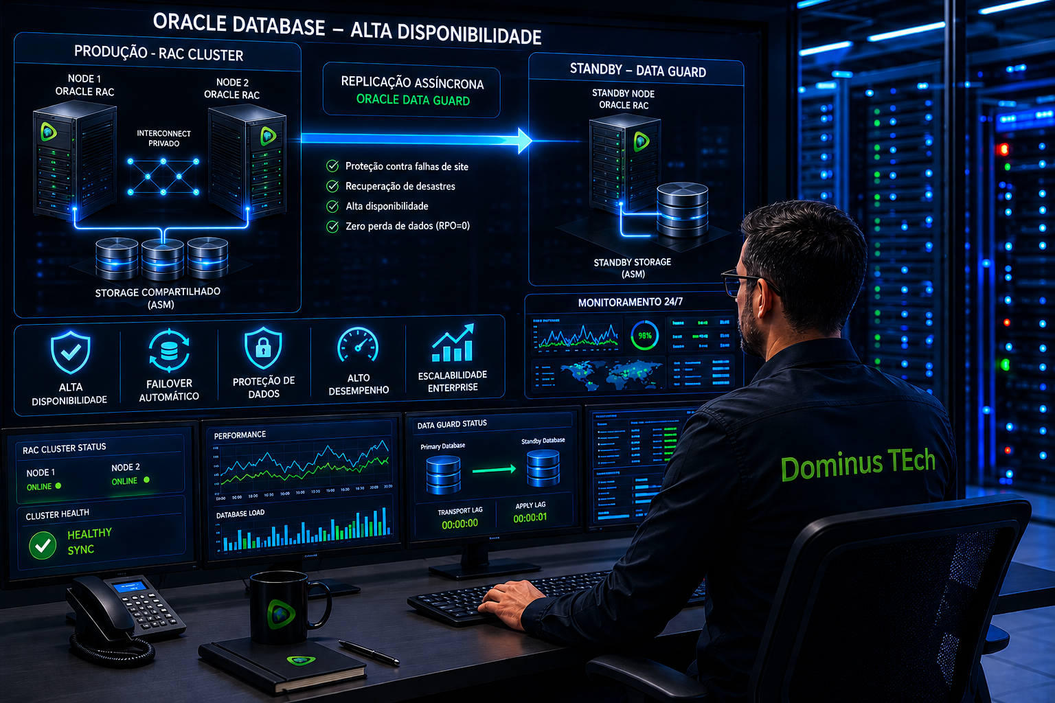 Administrador monitora ambiente de alta disponibilidade Oracle com Oracle RAC Cluster, Data Guard, replicação assíncrona e failover automático em infraestrutura enterprise crítica.
