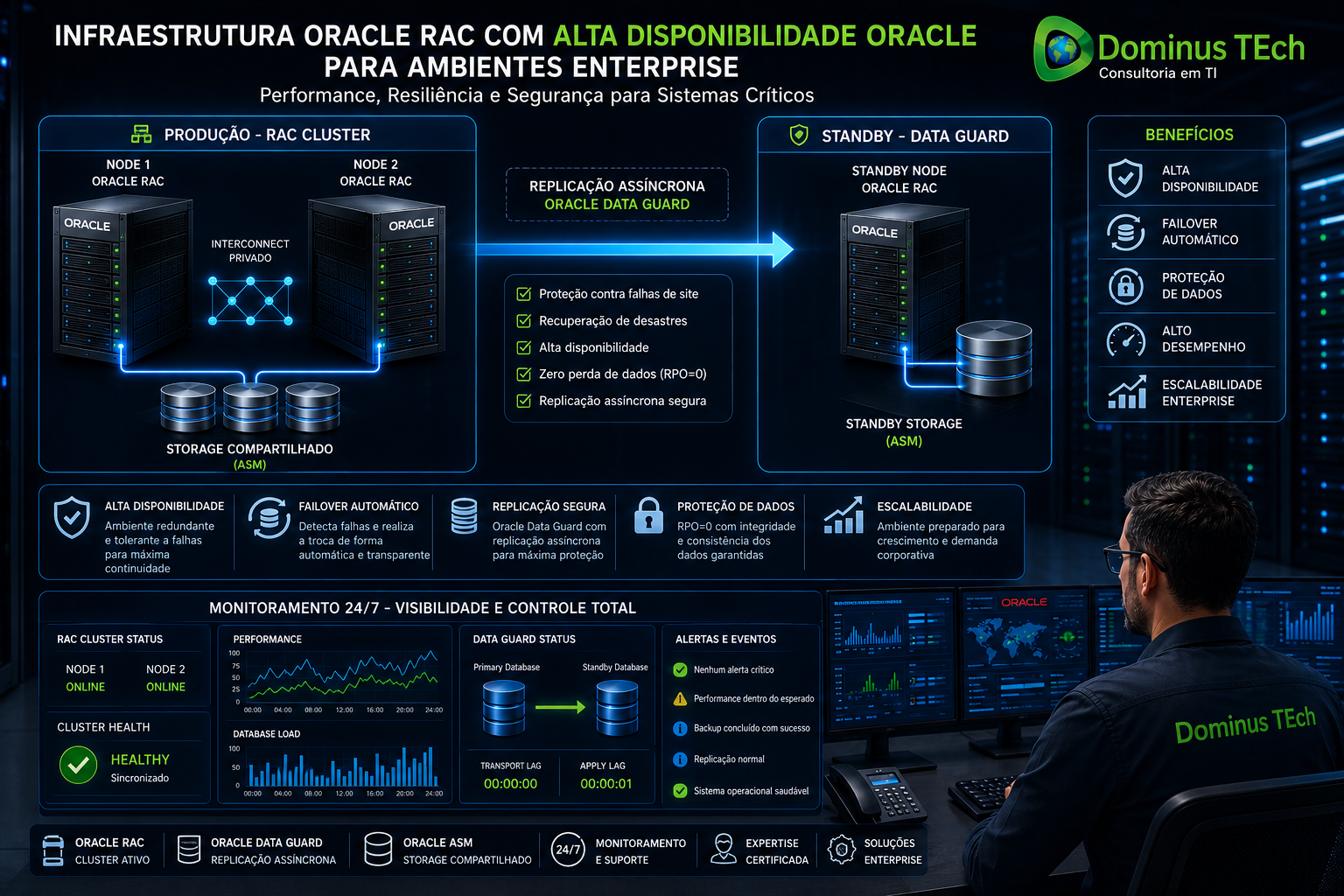 Painel Oracle RAC mostrando clusterização, failover automático, replicação Data Guard e monitoramento de alta disponibilidade Oracle em ambiente enterprise corporativo.