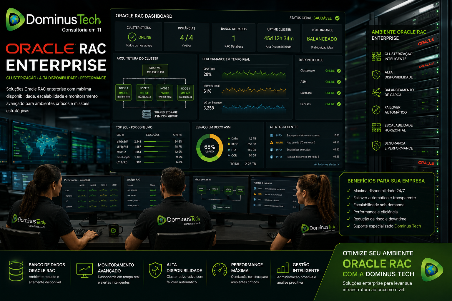 Equipe Dominus Tech monitorando Oracle RAC enterprise e SAP HANA empresarial com dashboards em tempo real, clusterização Oracle e infraestrutura de alta disponibilidade.