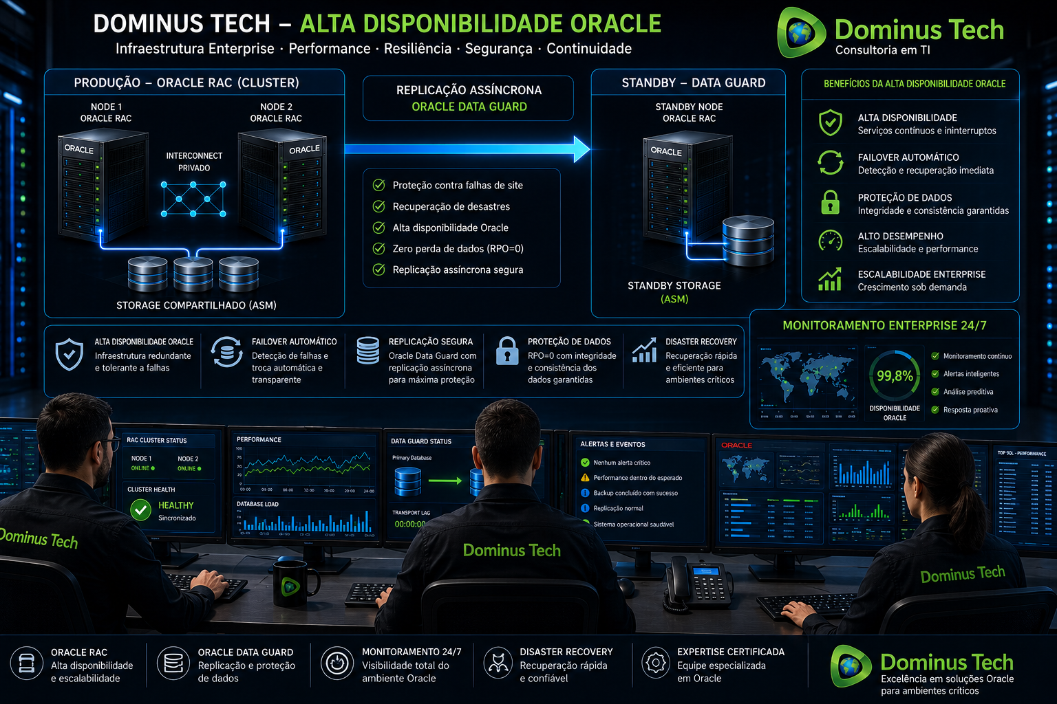 Equipe técnica da Dominus Tech operando ambiente Oracle de alta disponibilidade Oracle com RAC, Data Guard, monitoramento enterprise e disaster recovery corporativo.