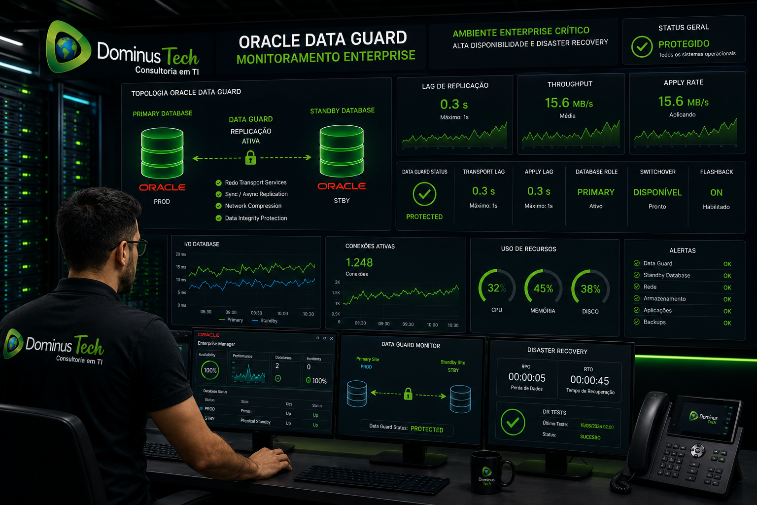 Administrador Oracle monitorando Oracle Data Guard, standby database, replicação Oracle e disaster recovery enterprise em ambiente corporativo de alta disponibilidade.