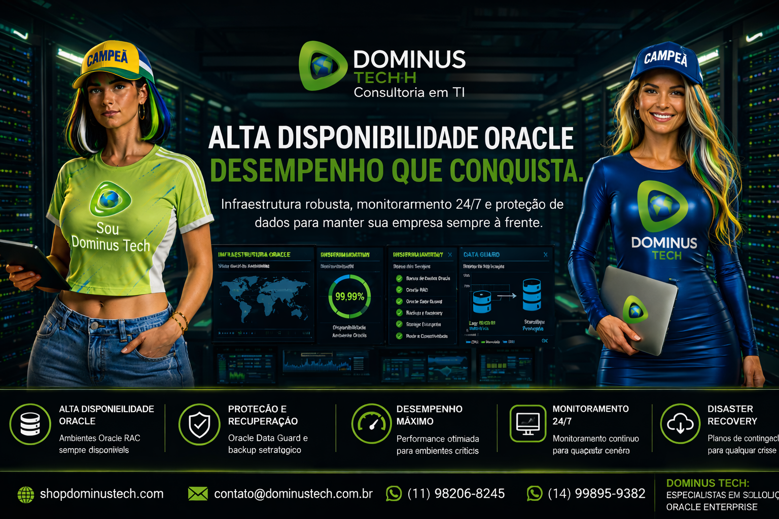 Banner corporativo de Alta Disponibilidade Oracle com monitoramento 24/7, Oracle RAC, Data Guard, Disaster Recovery e infraestrutura enterprise da Dominus Tech.