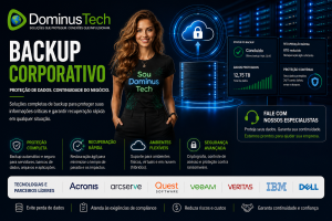 Backup e disaster recovery empresarial Dominus Tech com proteção de dados corporativos, recuperação rápida e continuidade de negócios em ambiente tecnológico moderno