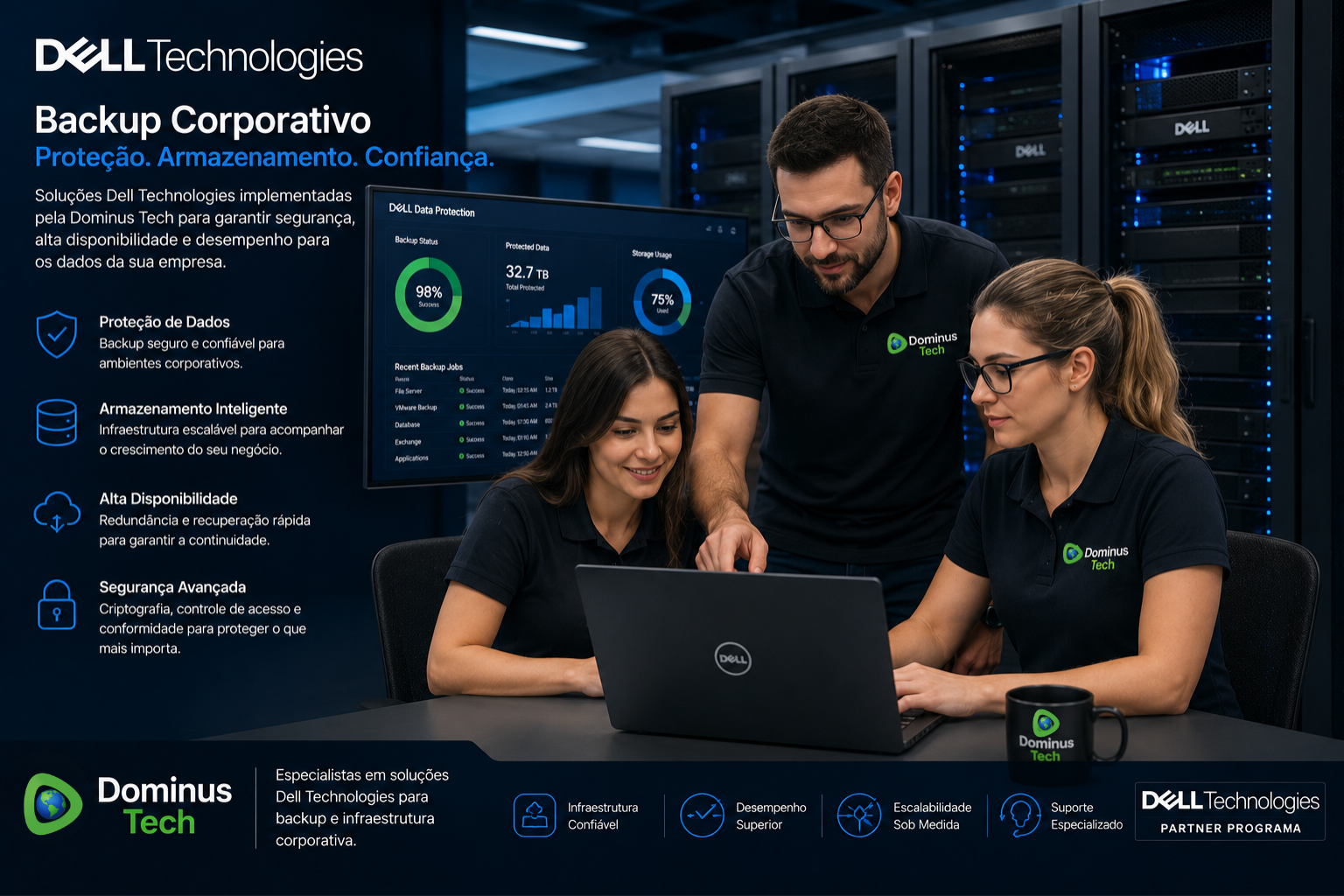 Dell backup corporativo Dominus Tech infraestrutura armazenamento dados empresariais proteção TI