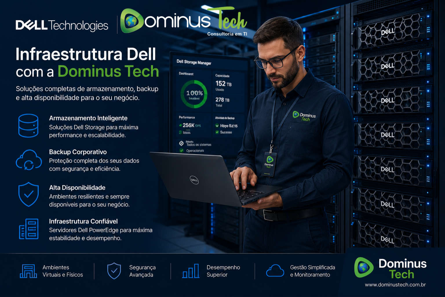 dell infraestrutura Dominus Tech backup corporativo storage data center alta disponibilidade