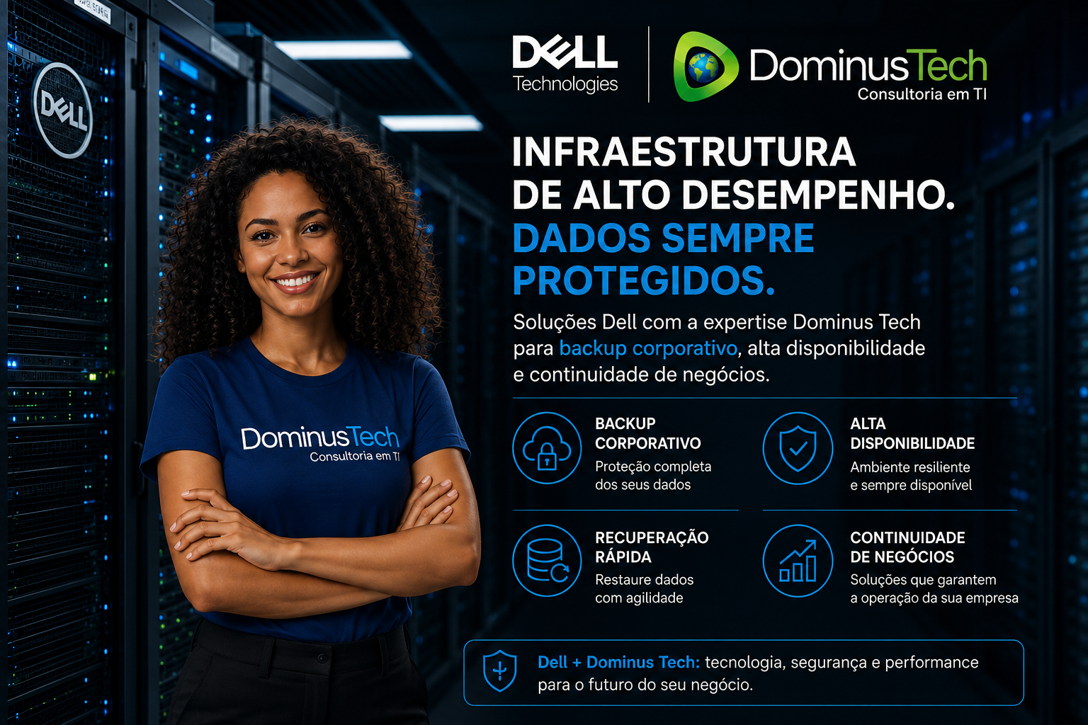 Dominus Tech e Dell Technologies oferecendo soluções de backup corporativo Dell em data center moderno com infraestrutura segura e alta disponibilidade empresarial