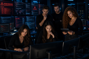 Equipe da Dominus Tech composta por três mulheres e dois homens em um centro tecnológico analisando monitores durante um ataque cibernético, usando blusas pretas com o nome Dominus Tech em verde claro.