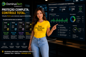 Mulher sorrindo vestindo camiseta amarela com a frase “Sou Dominus Tech” em preto, apresentando telas digitais com produtos da Norton e painel de monitoramento de segurança digital ao fundo.