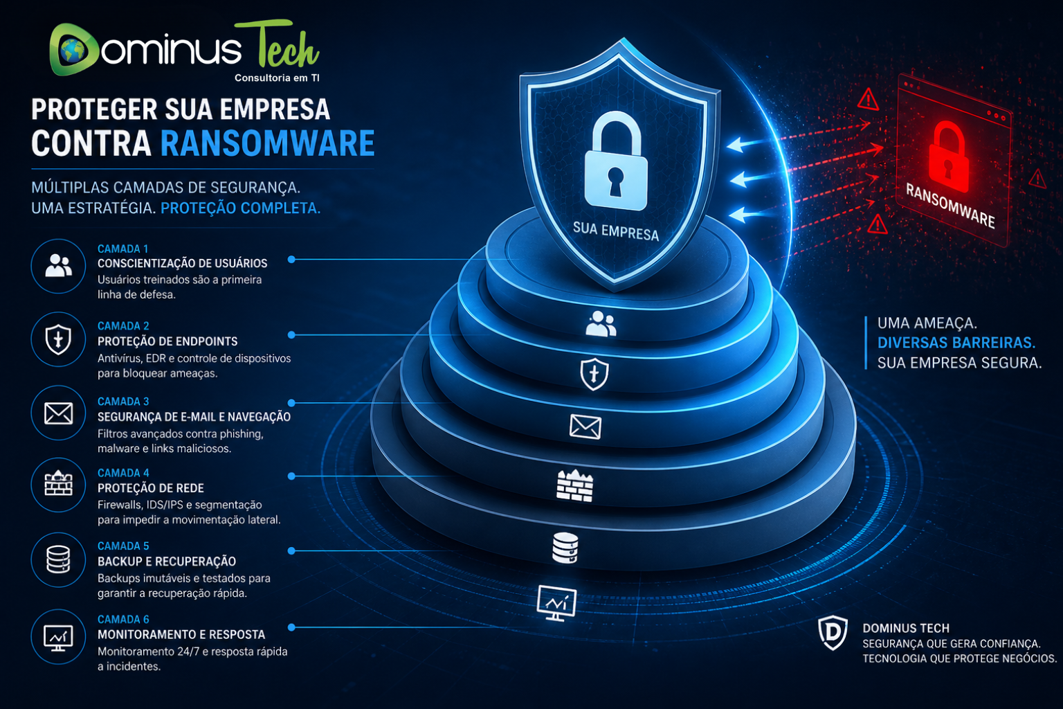 Proteger empresa contra ransomware Dominus Tech com múltiplas camadas de segurança digital