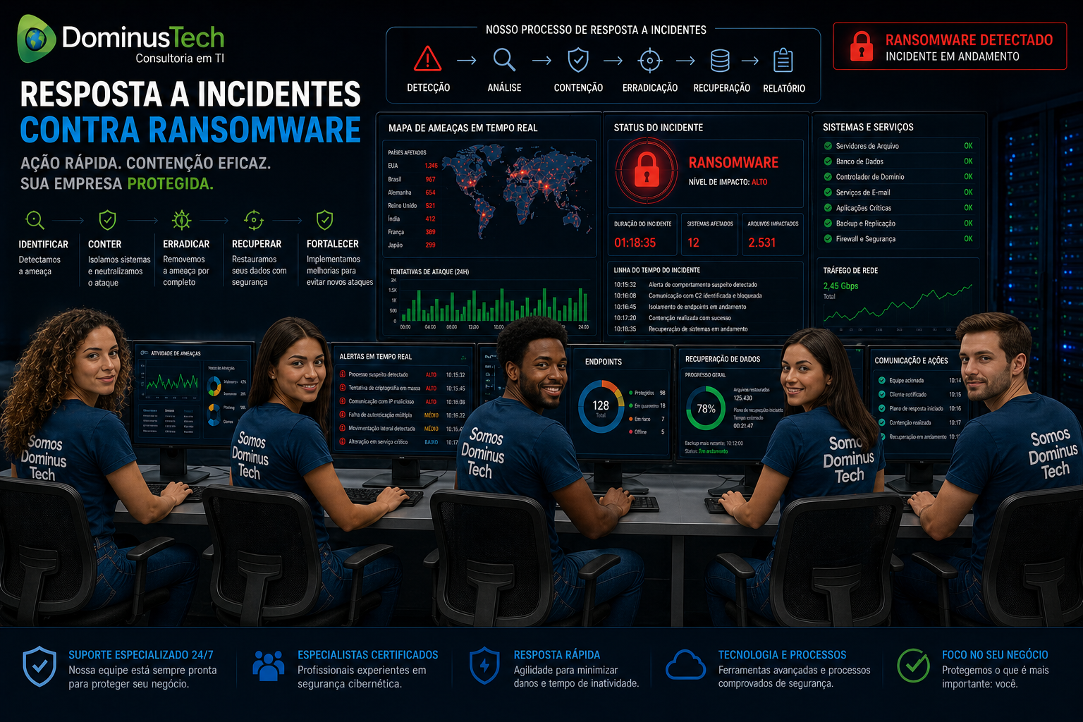 Proteger empresa contra ransomware Dominus Tech com equipe SOC monitorando incidentes em tempo real