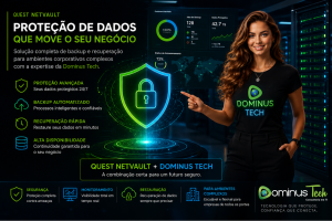 Banner tecnológico da Dominus Tech com solução Quest NetVault para backup corporativo, proteção de dados empresariais, recuperação rápida e monitoramento em tempo real.