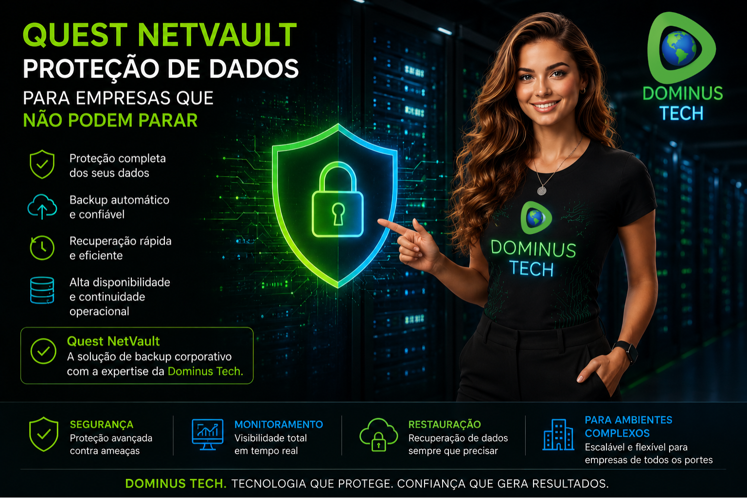 Especialista da Dominus Tech apresentando solução Quest NetVault para proteção de dados corporativos, backup empresarial e continuidade operacional em ambiente de datacenter.
