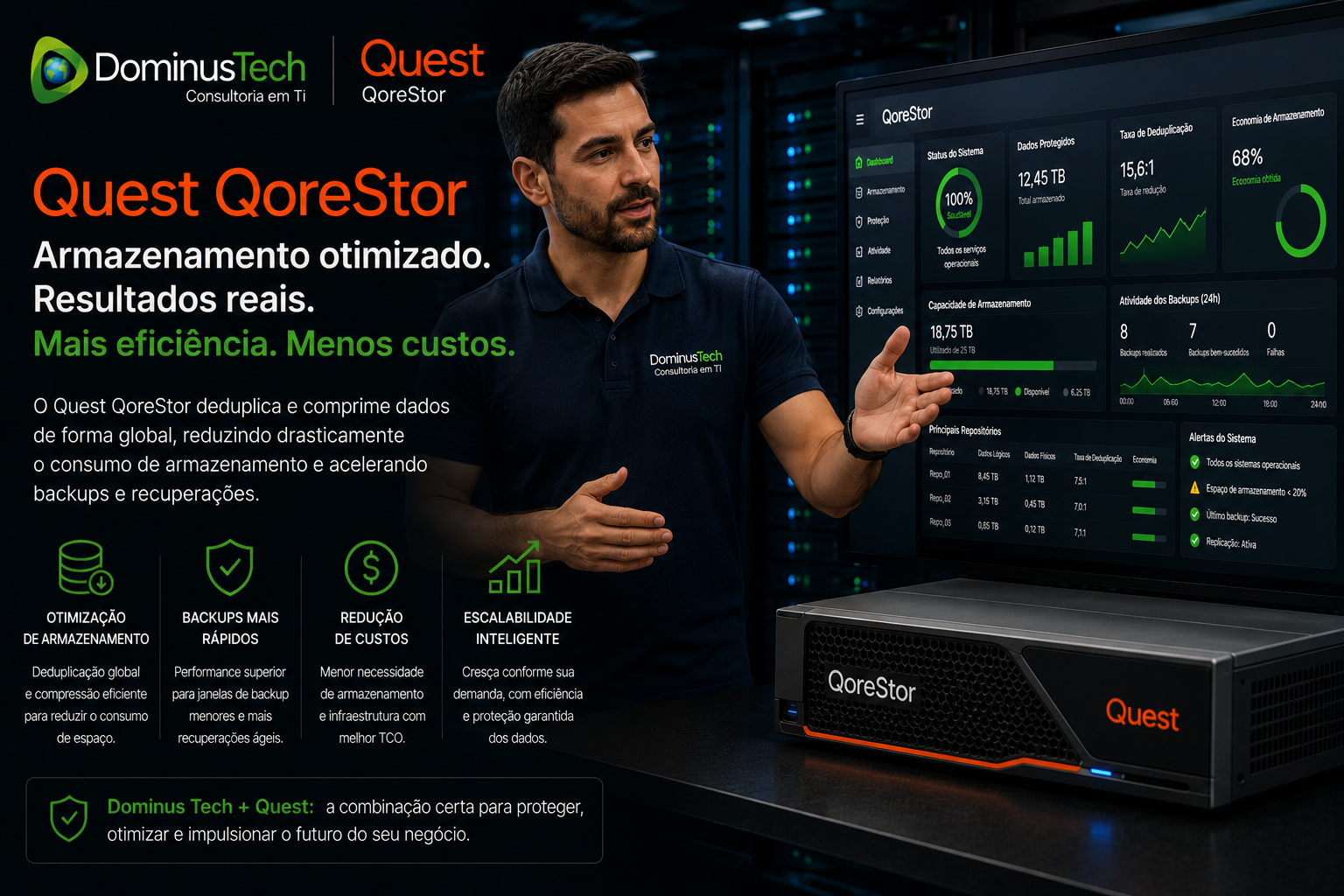 Homem apresentando solução Quest QoreStor da Dominus Tech em ambiente corporativo com dashboard de backup e otimização de armazenamento de dados