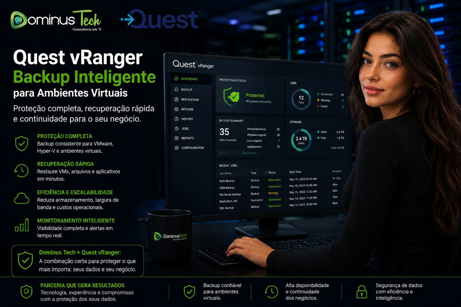 Quest vRanger Backup da Dominus Tech para proteção de ambientes virtuais com monitoramento inteligente e recuperação de dados corporativos