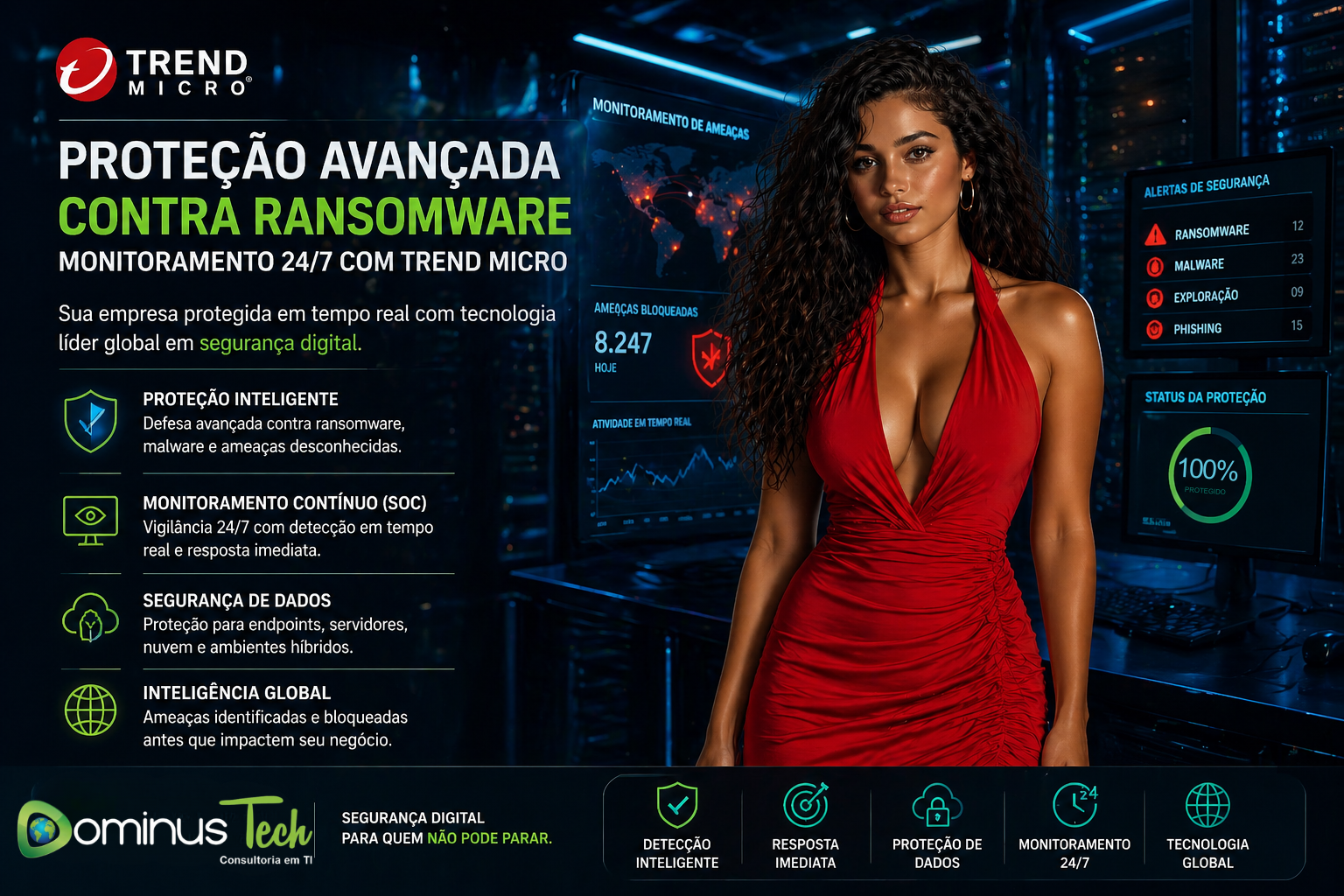 Proteção contra ransomware com Trend Micro em ambiente de monitoramento SOC 24 7 da Dominus Tech com dashboards de segurança digital em tempo real