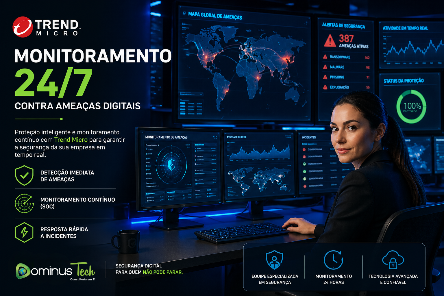 Proteção contra ransomware com Trend Micro em ambiente SOC da Dominus Tech com monitoramento de ameaças em tempo real e dashboards de segurança digital empresarial