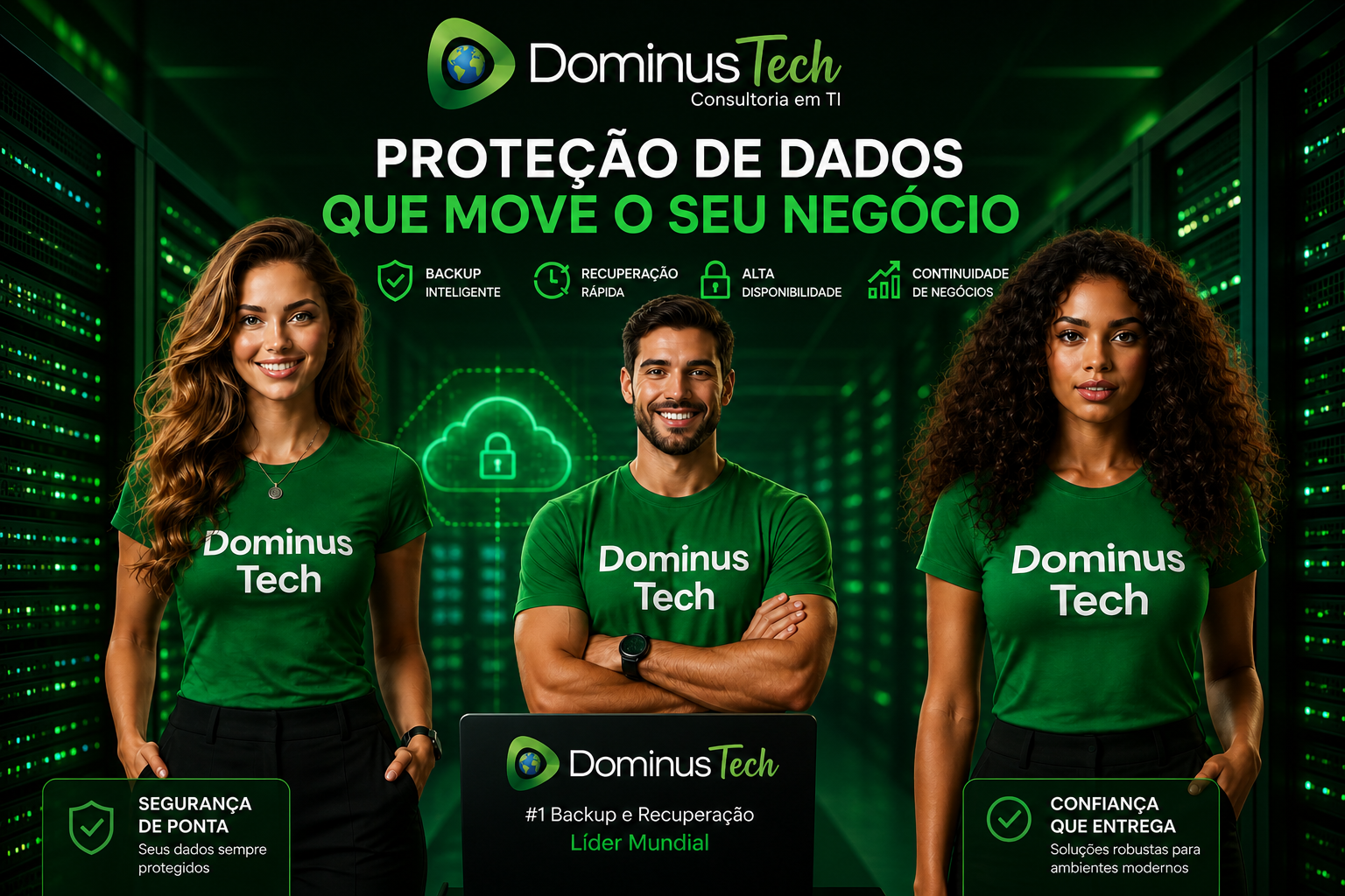 Banner corporativo da Dominus Tech com profissionais de TI em datacenter promovendo soluções Veeam de backup empresarial, recuperação rápida e proteção de dados.