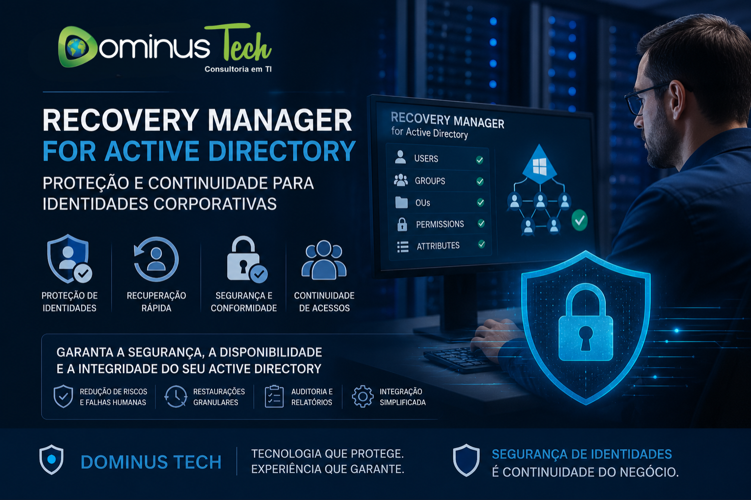 Recovery Manager for Active Directory da Dominus Tech com proteção de identidades corporativas, recuperação de acessos e segurança empresarial.