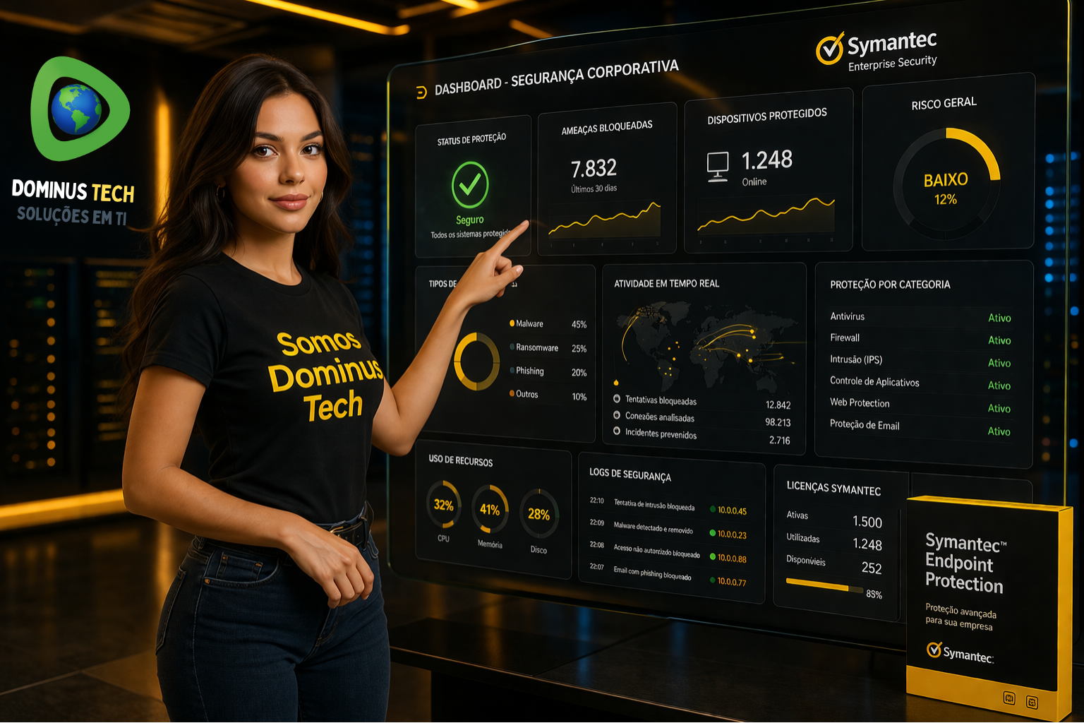 Profissional da Dominus Tech com camiseta preta “Somos Dominus Tech” interagindo com dashboard de segurança empresarial Symantec em ambiente corporativo com monitoramento em tempo real