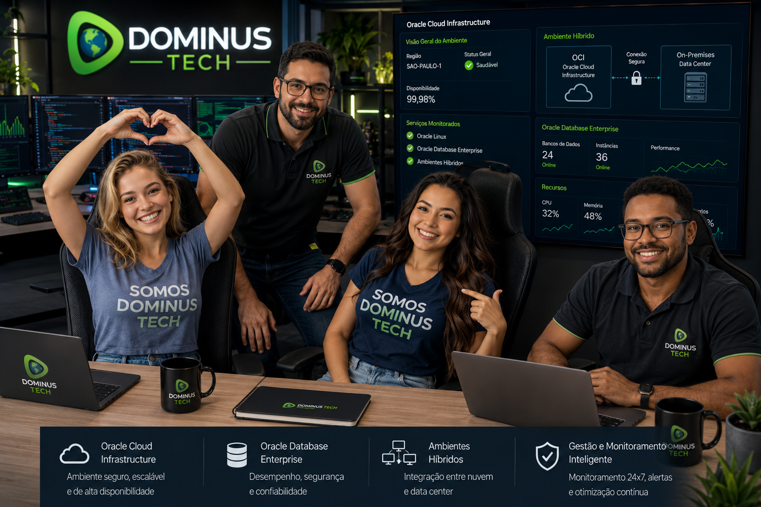 Equipe da Dominus Tech composta por especialistas de TI monitorando Oracle Cloud Infrastructure, Oracle Database Enterprise e ambientes híbridos corporativos em centro de operações moderno, com dashboards de desempenho, disponibilidade e gestão de infraestrutura empresarial.