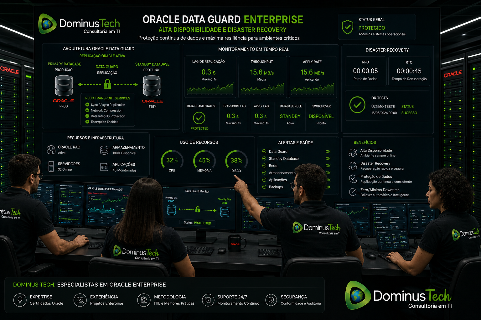 Equipe técnica da Dominus Tech monitorando Oracle Data Guard enterprise com replicação Oracle, standby database, failover automático e disaster recovery em ambiente corporativo crítico.