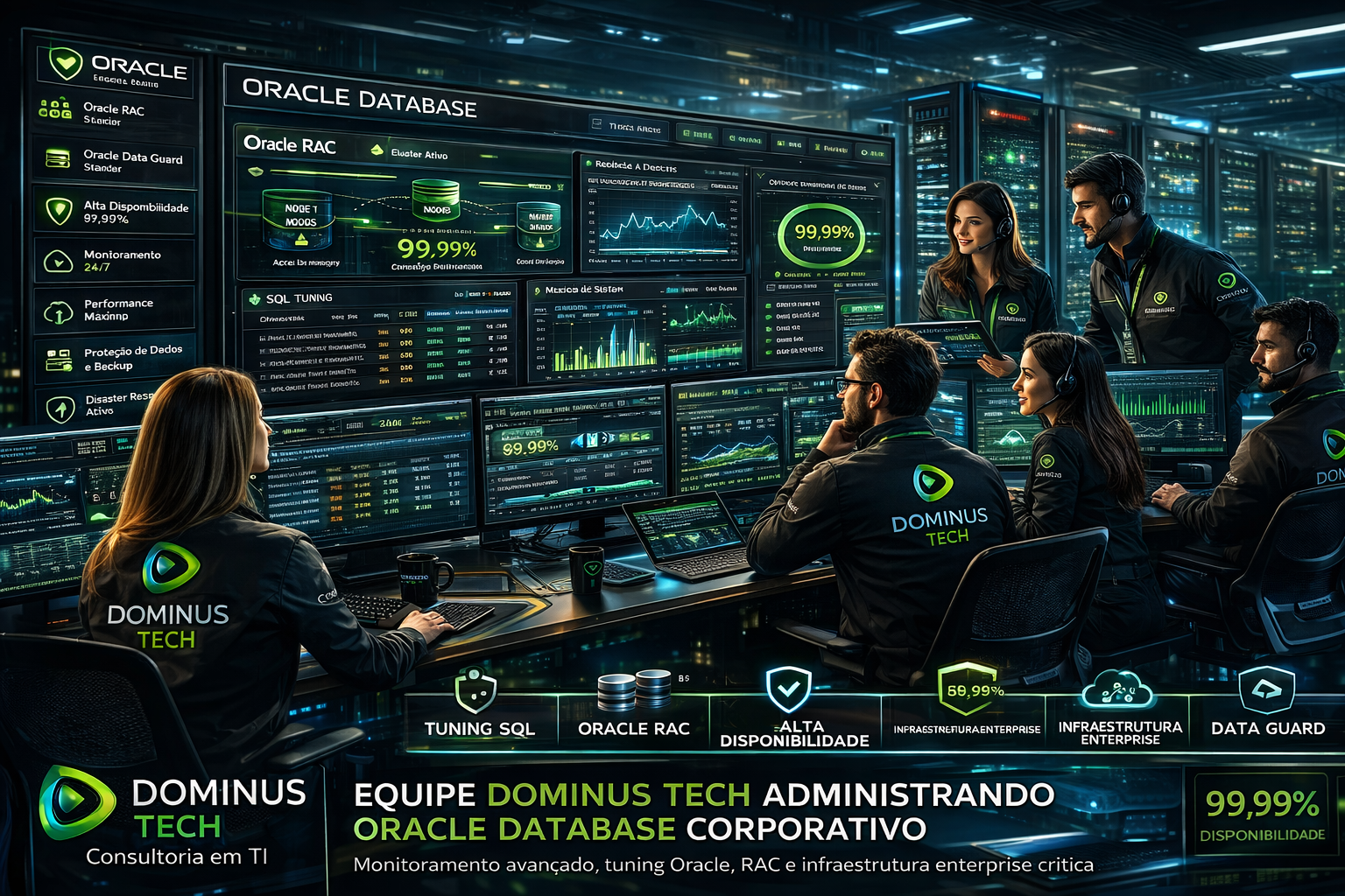 Equipe Dominus Tech administrando Oracle Database corporativo com monitoramento avançado, Oracle RAC, tuning SQL, Data Guard e infraestrutura enterprise crítica.