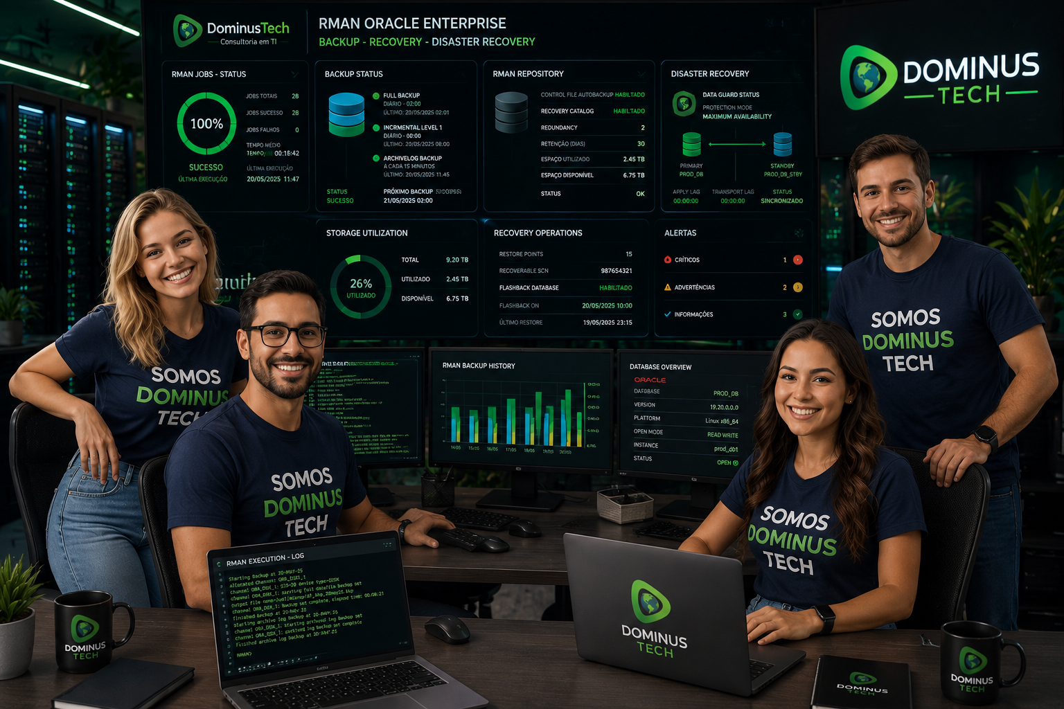 Equipe da Dominus Tech administrando RMAN Oracle enterprise com backup corporativo, recovery Oracle Database, disaster recovery e monitoramento crítico em ambiente tecnológico moderno.