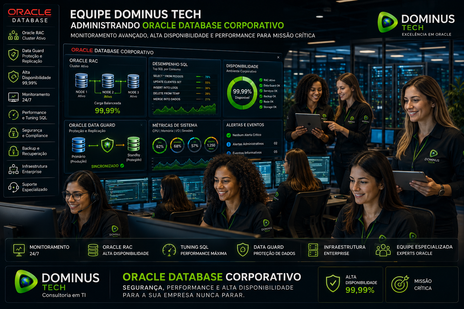 Equipe feminina Dominus Tech administrando Oracle Database corporativo com Oracle RAC, monitoramento avançado, tuning SQL e alta disponibilidade enterprise.