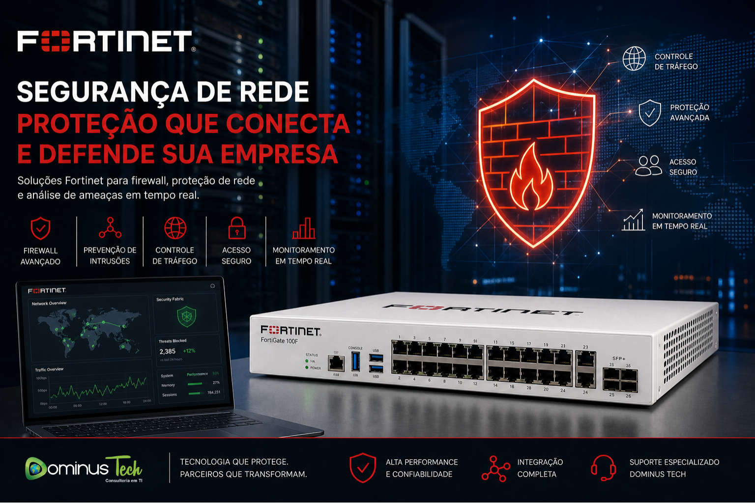 Fortinet segurança de rede com firewall e monitoramento em tempo real Dominus Tech