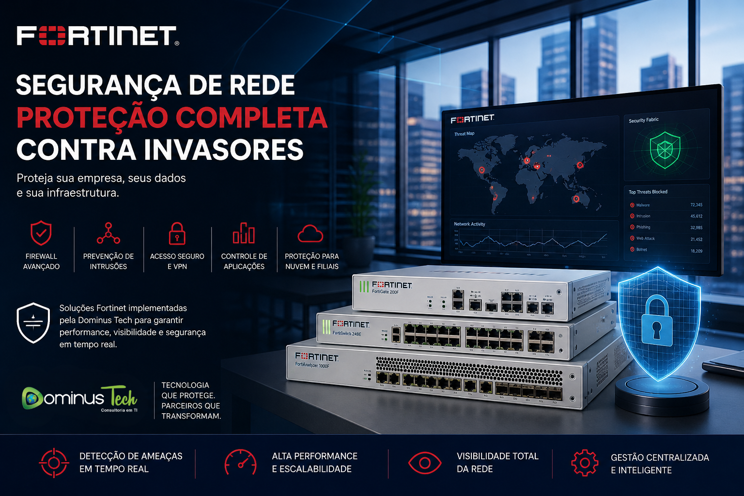Fortinet segurança de rede com proteção contra invasores Dominus Tech em ambiente corporativo