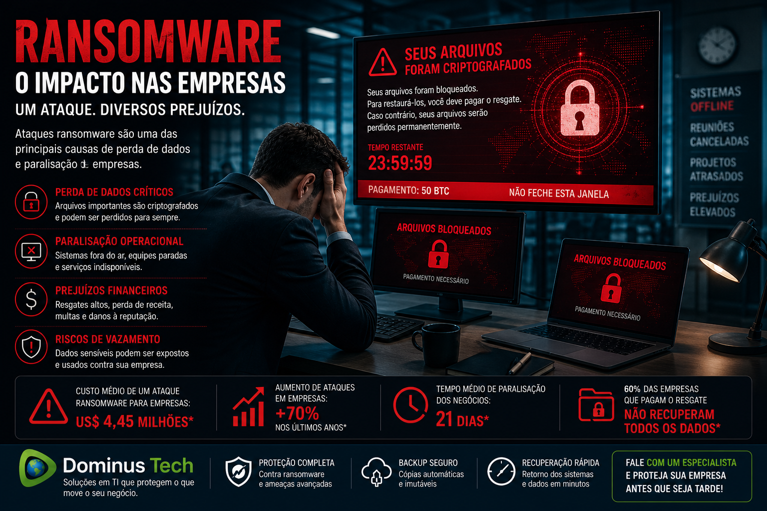 impacto da perda de dados em empresa causado por ataque ransomware com sistemas bloqueados e paralisação operacional