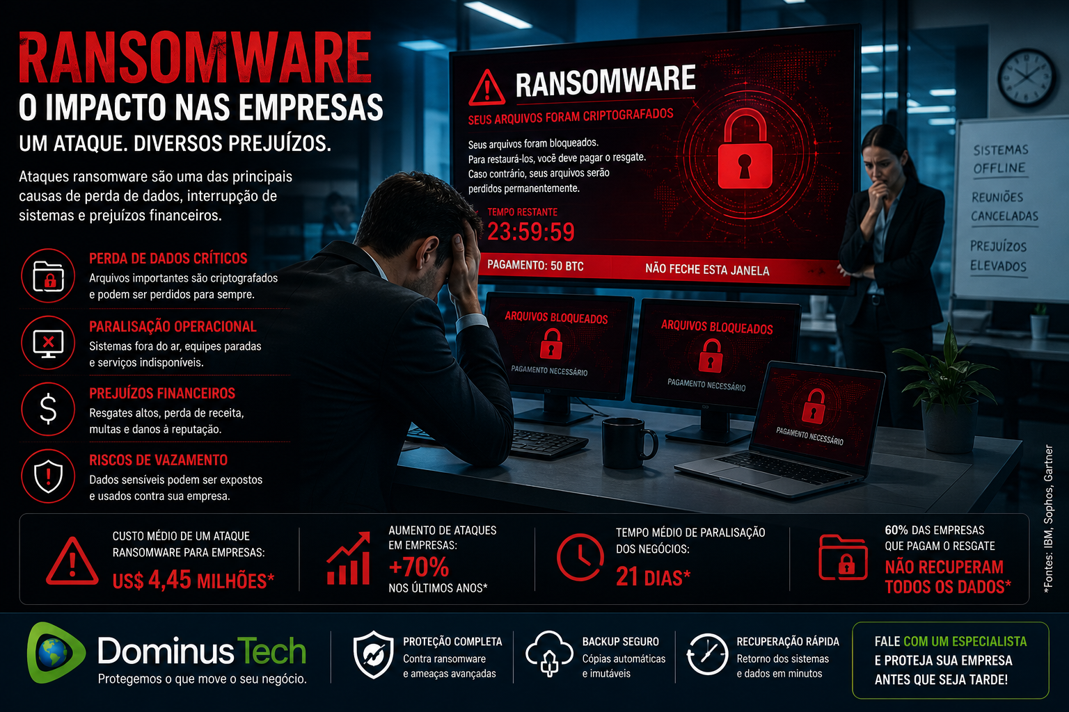 impacto da perda de dados em empresa causado por ataque ransomware com paralisação operacional e prejuízos financeiros